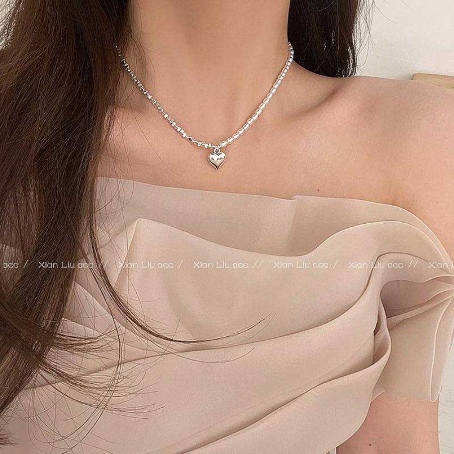 Women The Korean Fashion Necklaces | Splicing Pearl Heart Necklace Silver