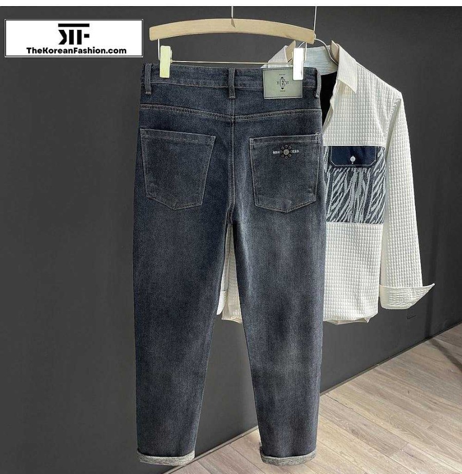 Clothing The Korean Fashion Jeans | Washed Embroidered Jeans Blue