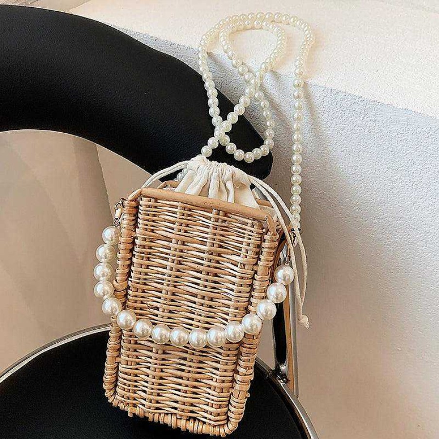 Women The Korean Fashion | Pearl Chain Braided Bag Khaki