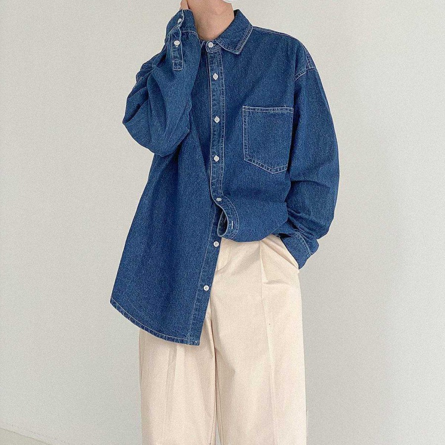 Clothing The Korean Fashion | Retro Vintage Washed Denim Shirt Blue