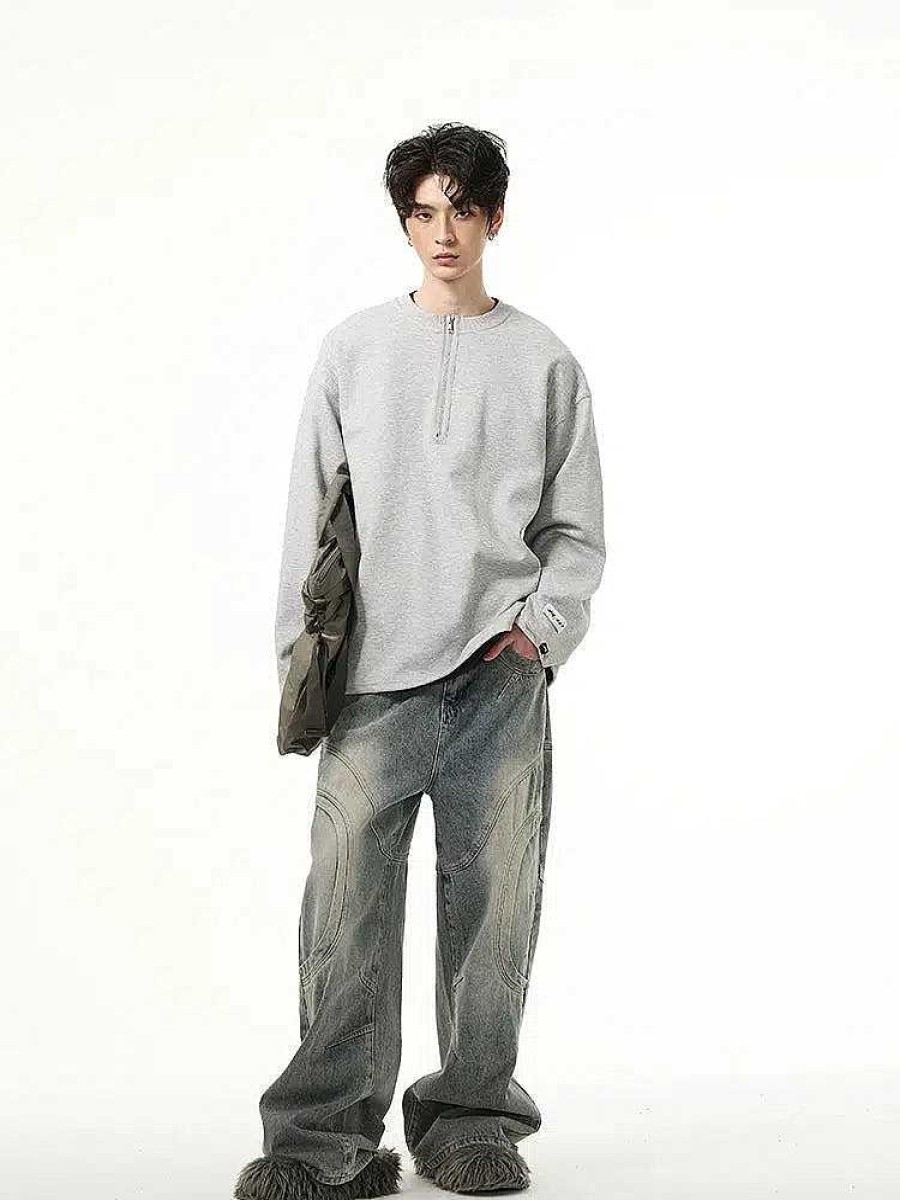 Clothing The Korean Fashion | Half-Zip Casual Sweatshirt Grey