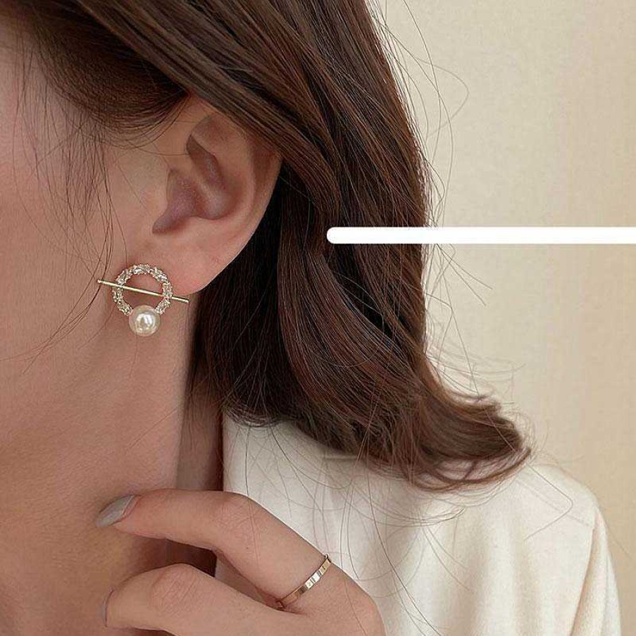 Women The Korean Fashion Earrings | Zircon Pearl Hoop Earrings Golden