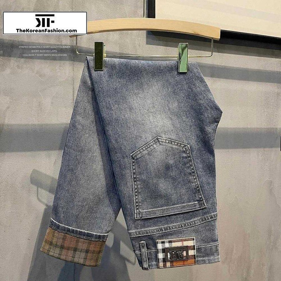 Casual Style Clothes The Korean Fashion | Slim-Fit Plaid Jeans Light Blue