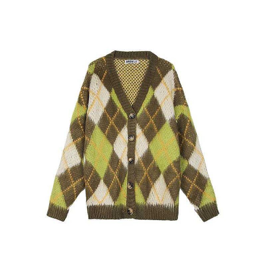 Clothing The Korean Fashion | V-Neck Argyle Cardigan Green