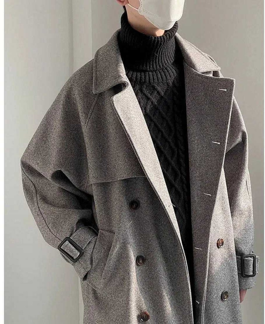 Clothing The Korean Fashion | Double Breasted Woolen Trench Coat Grey