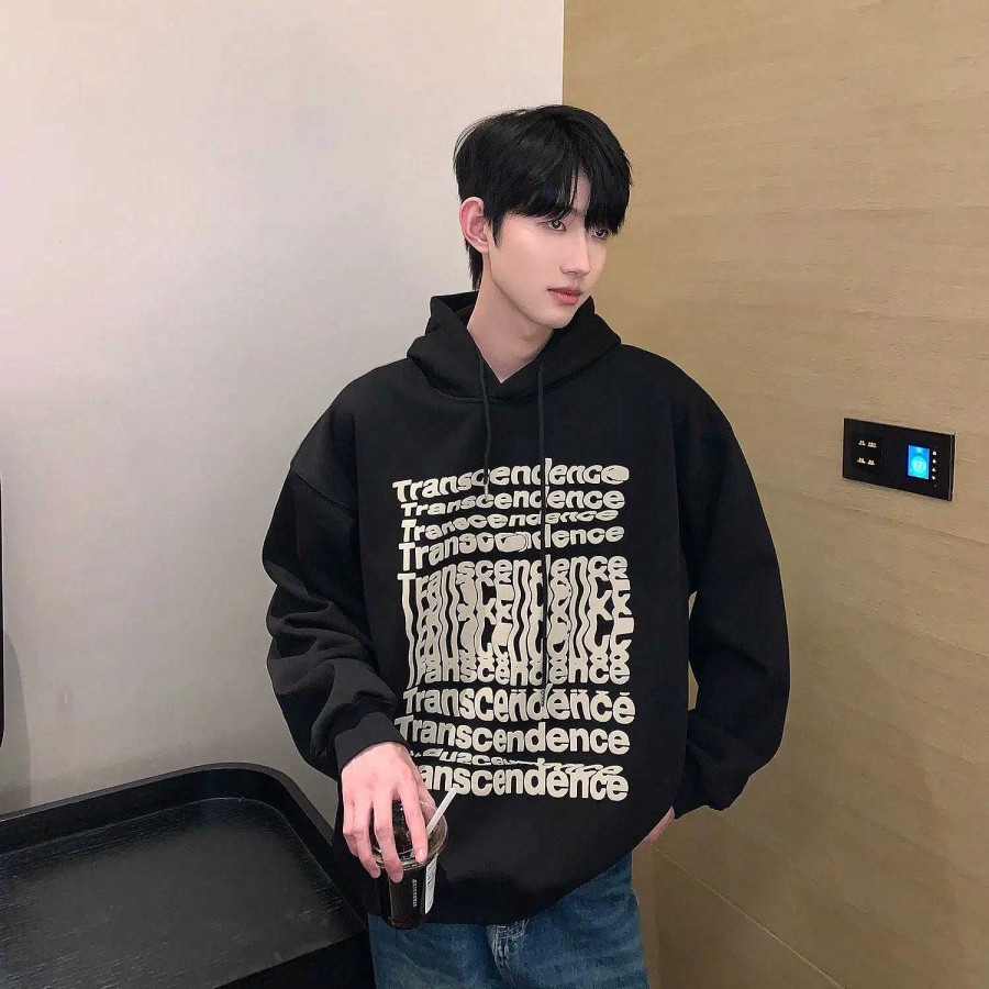 Clothing The Korean Fashion | Text Printed Fleece Hoodie