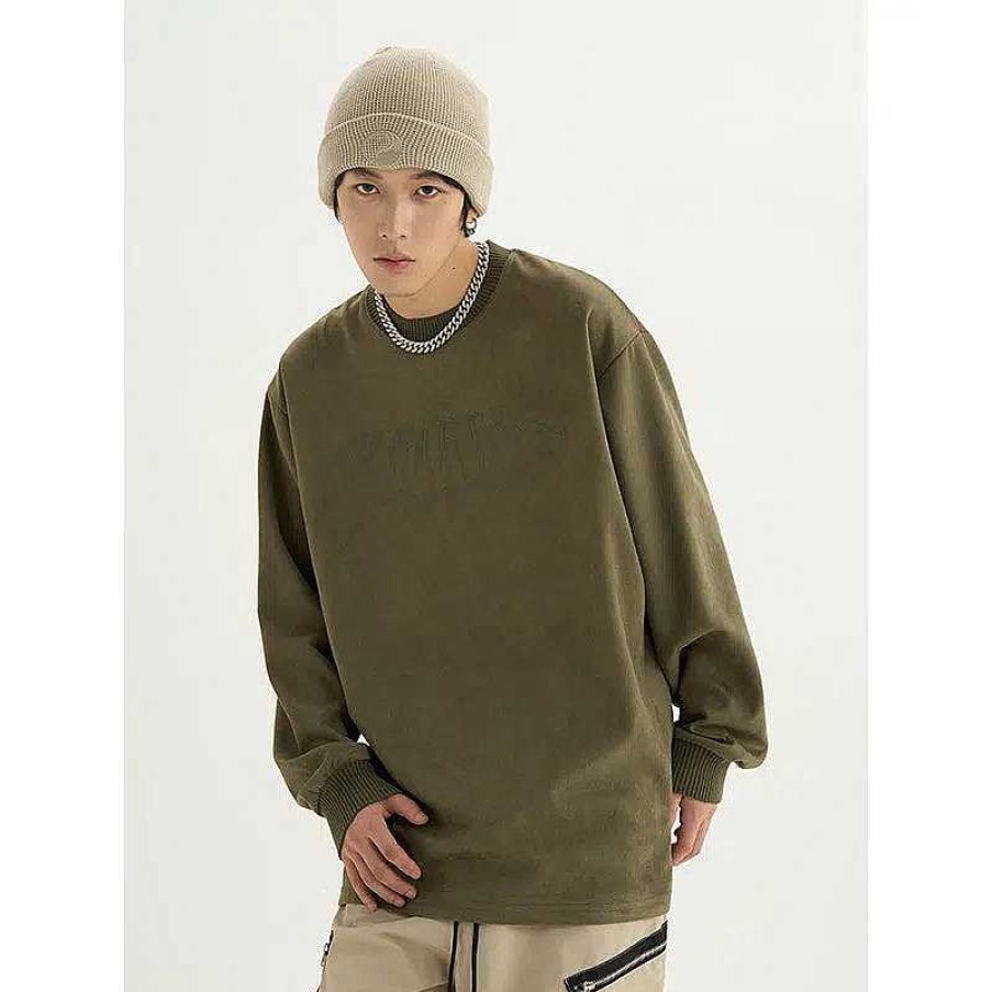 Clothing The Korean Fashion | Casual Suede Crew Neck Sweatshirt