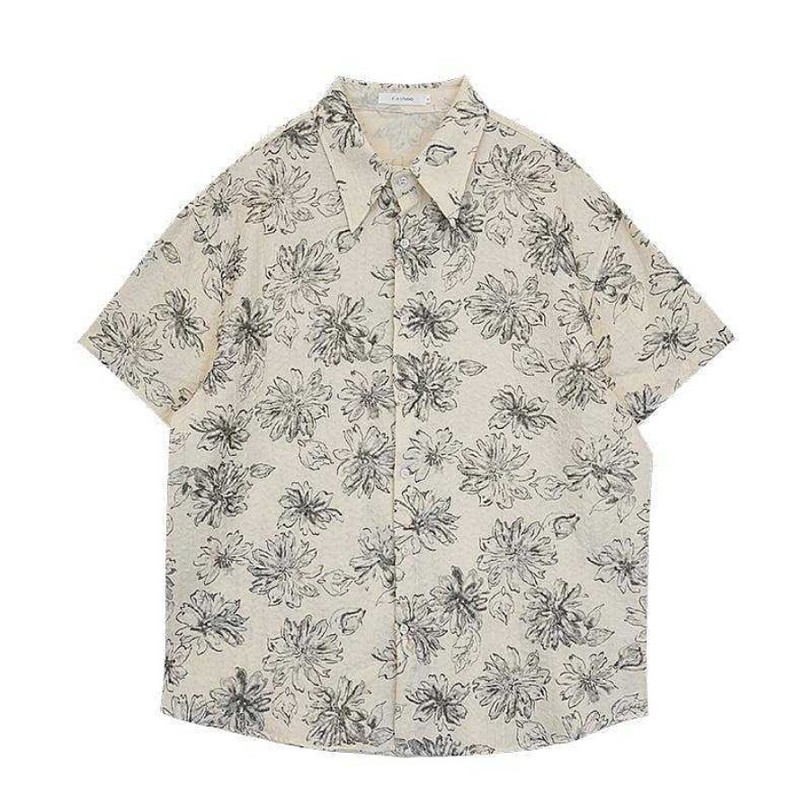 Clothing The Korean Fashion | Loose Camp Collar Floral Shirt Yellow