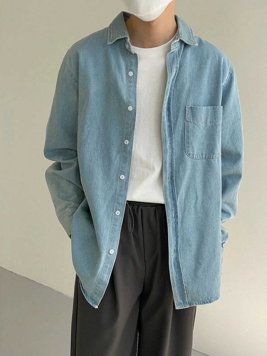 Clothing The Korean Fashion | Denim Denim Long-Sleeved Shirt Light Blue