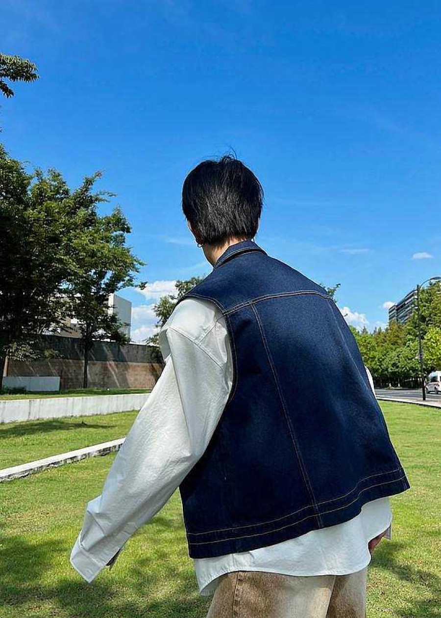 Clothing The Korean Fashion | Dark Blue Denim Vest Jacket Navy Blue