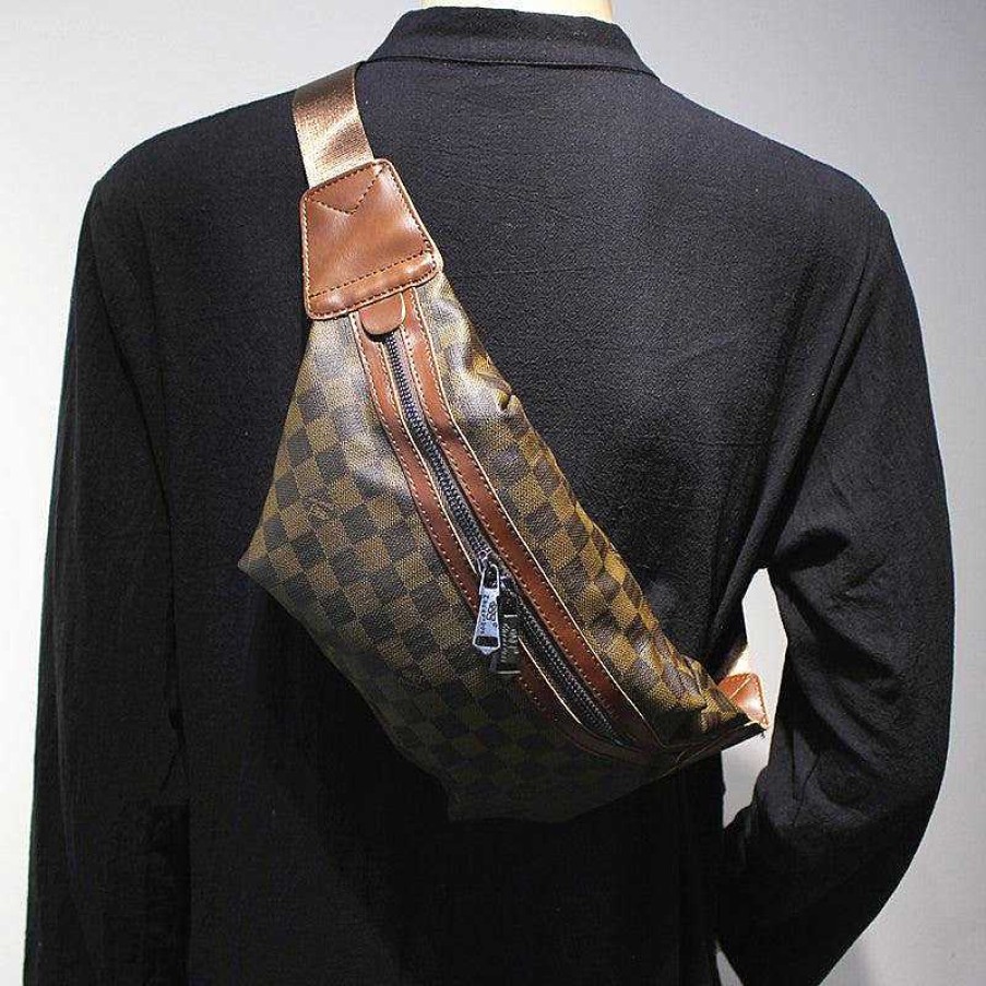 Accs & Bags & Shoes The Korean Fashion | Checkered Leather Chest Bag Dark Brown