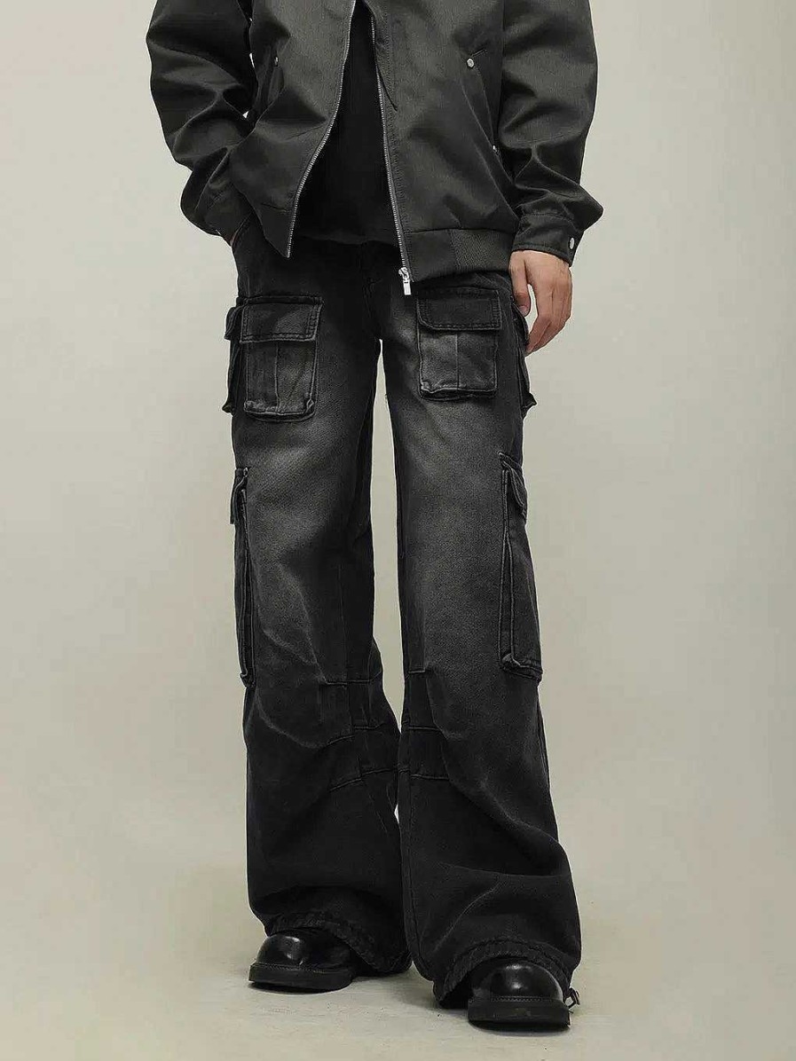 Clothing The Korean Fashion Jeans | Multi-Pocket Wide-Leg Cargo Jeans Retro Black