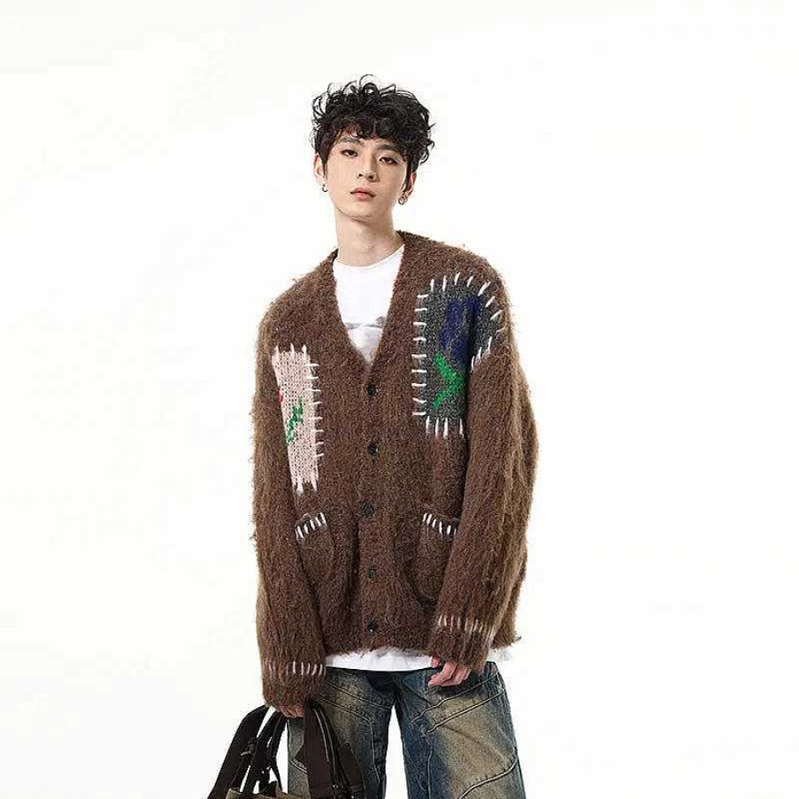 Clothing The Korean Fashion | Patchwork Design V-Neck Cardigan Brown