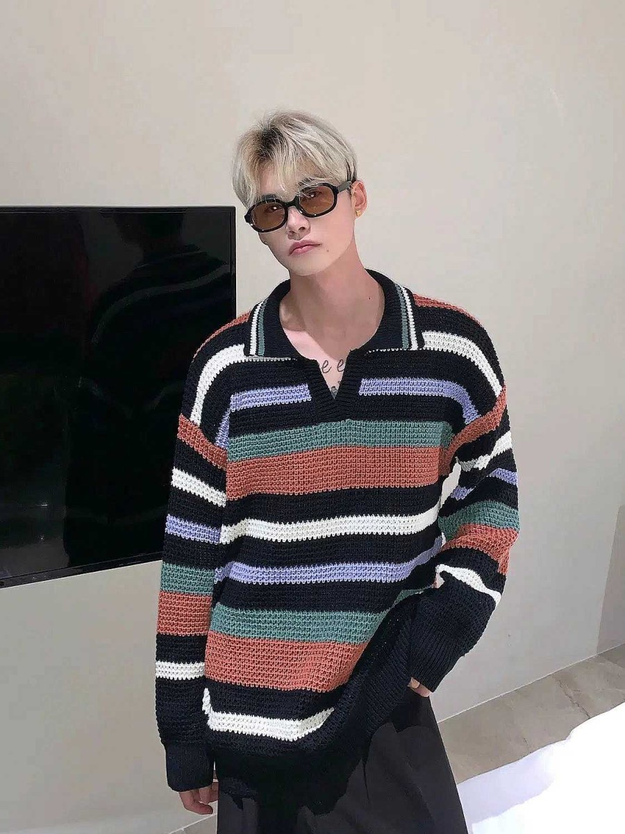 Clothing The Korean Fashion | Color Striped Long Sleeve Polo Shirt Black