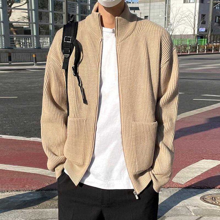 Clothing The Korean Fashion | Stand-Up Zip-Up Knitted Cardigan