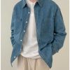 Clothing The Korean Fashion | Washed Denim Pocket Long-Sleeve Shirt Blue