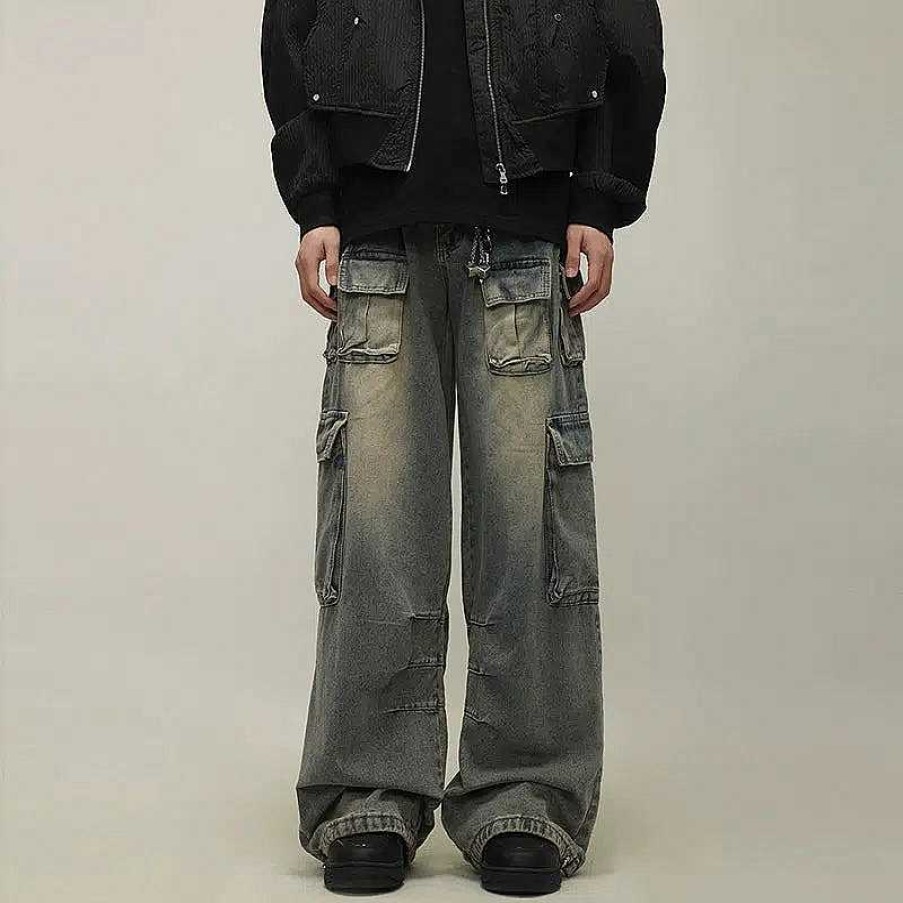 Clothing The Korean Fashion Jeans | Baggy Multi-Pocket Cargo Jeans Vintage Blue