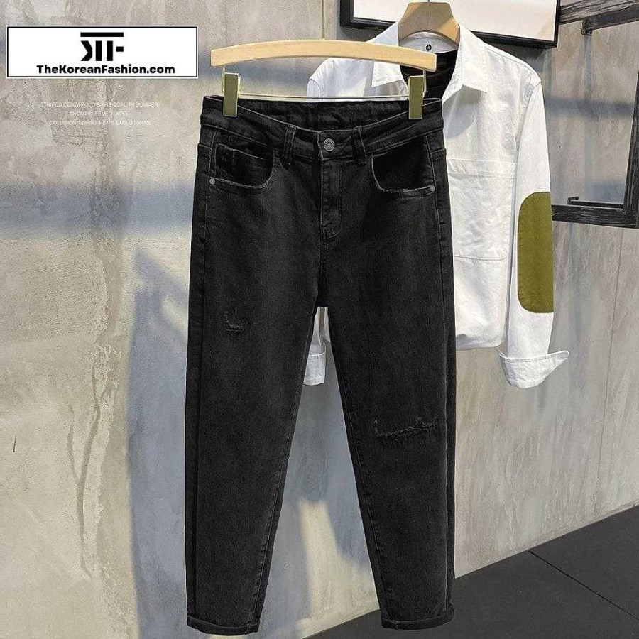 Casual Style Clothes The Korean Fashion | Washed Edging Slim Jeans Black