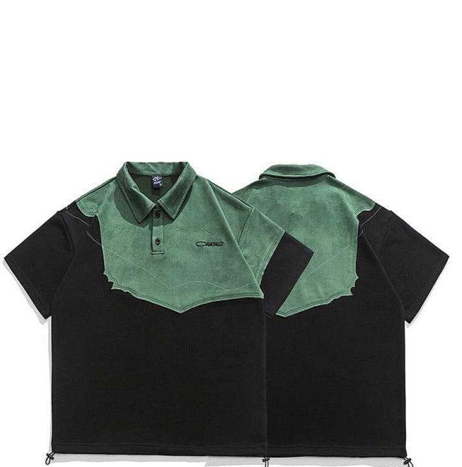 Clothing The Korean Fashion | Suede Stitching Short-Sleeved Polo Shirt Black