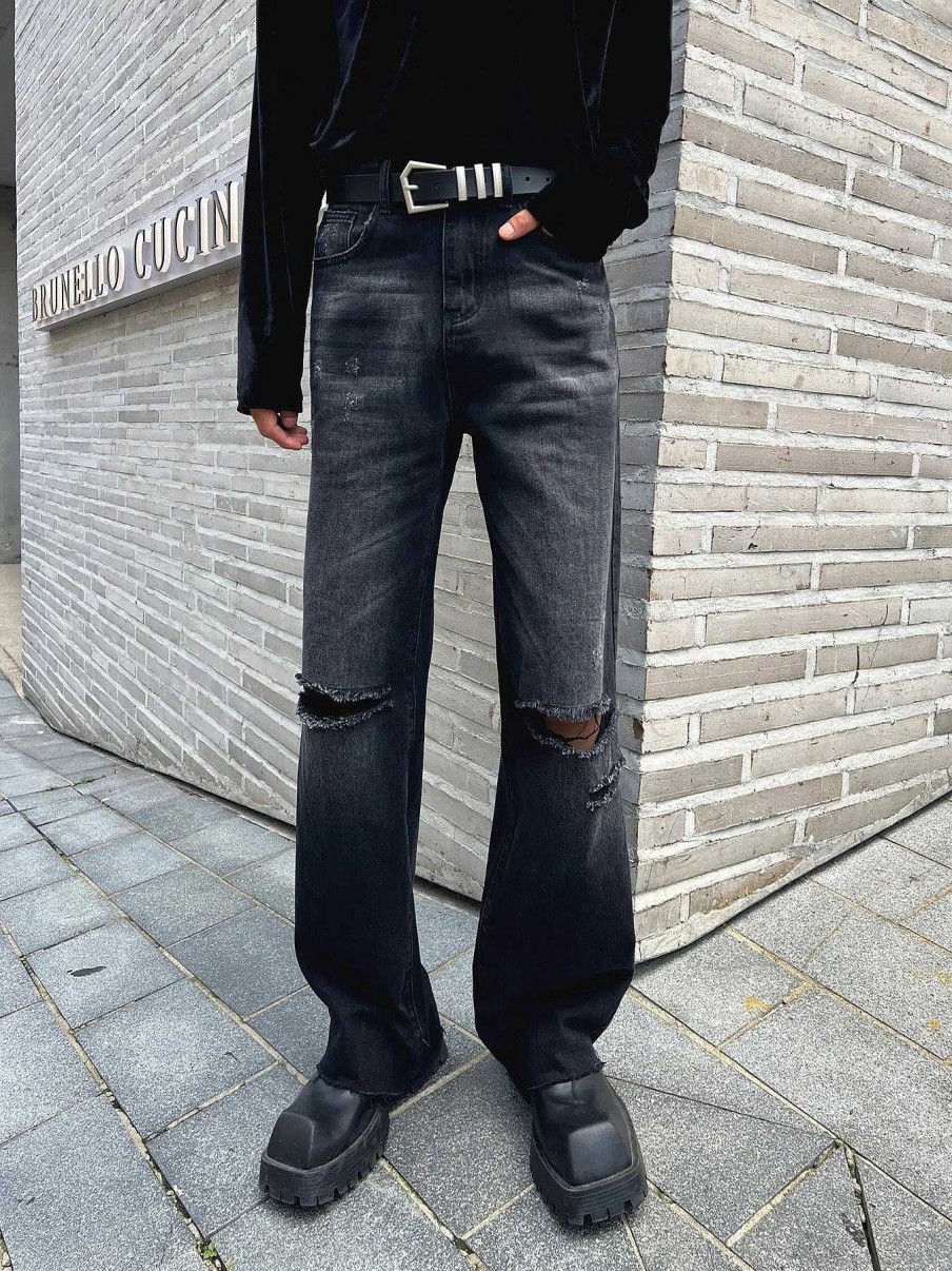 Clothing The Korean Fashion Jeans | Raw Edges Straight Leg Ripped Jeans Black