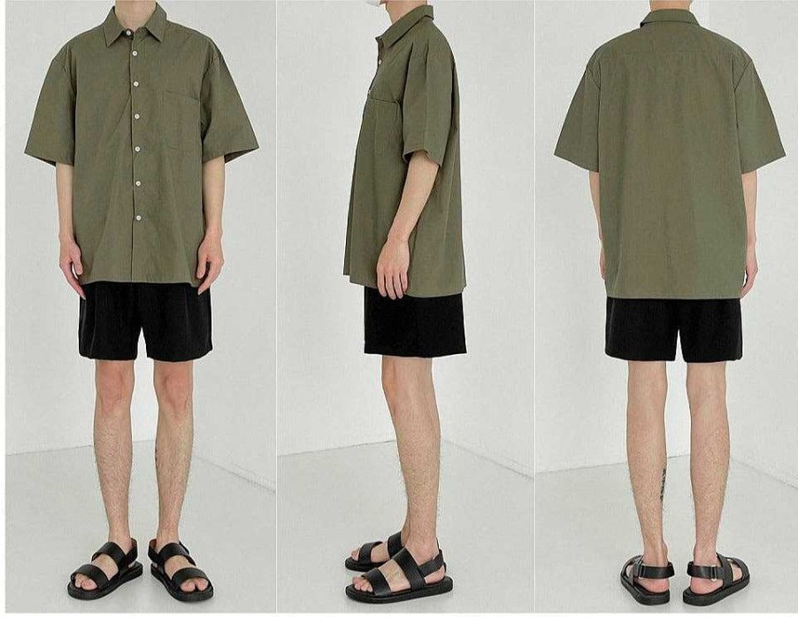 Clothing The Korean Fashion | Retro Casual Mid-Sleeve Shirt Armygreen