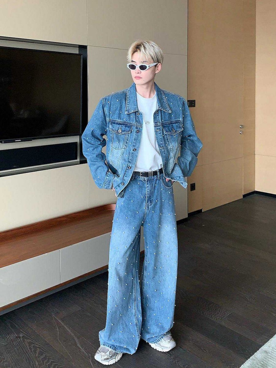 Clothing The Korean Fashion Jeans | Pearl Embellished Denim Jacket & Wide-Leg Jeans