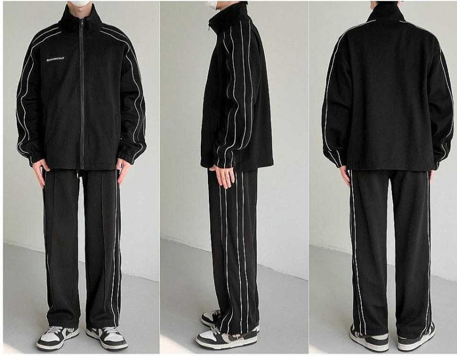 Clothing The Korean Fashion | Casual Stand Collar Sport Suit Black Top + Black Pants