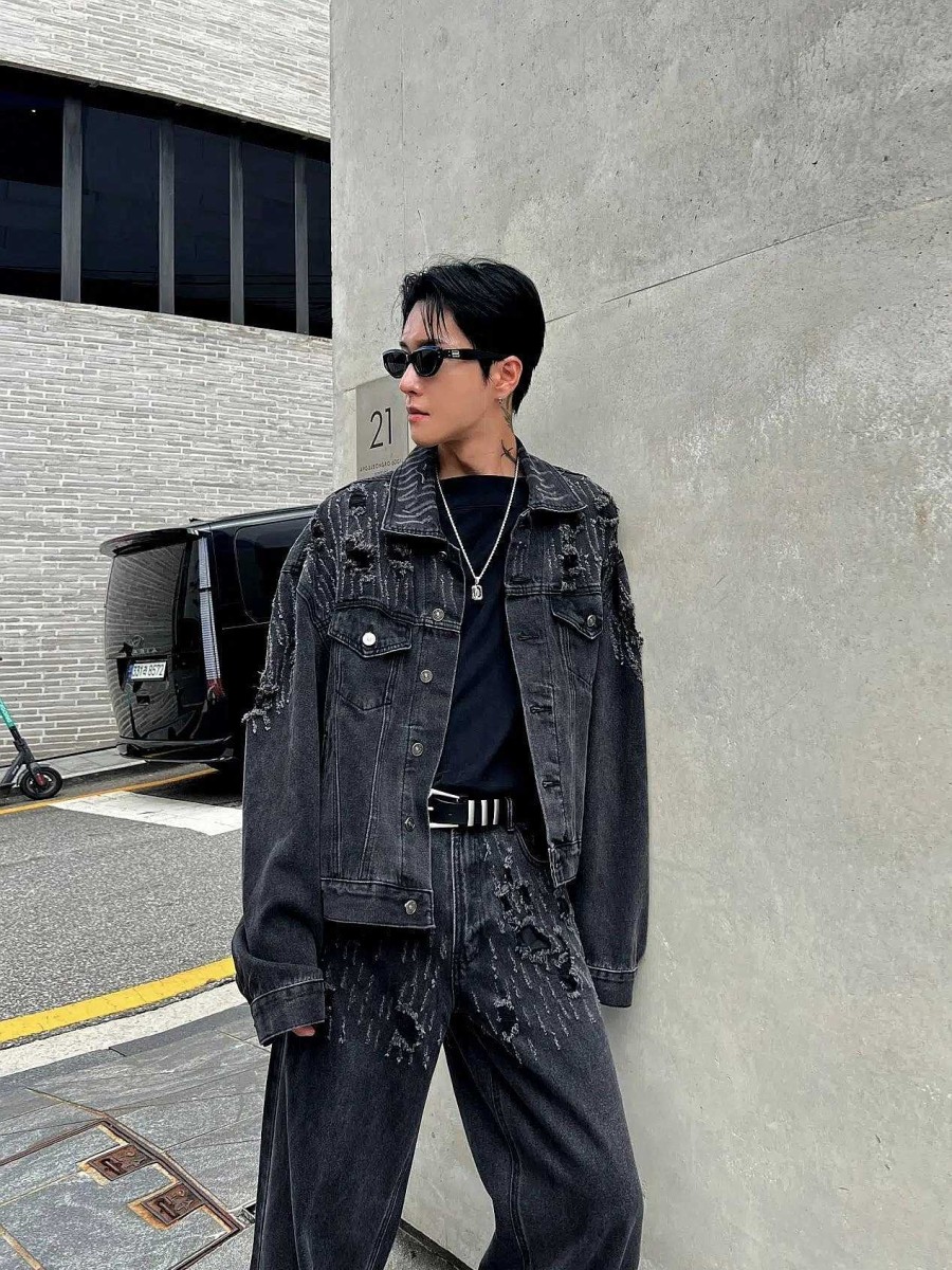 Clothing The Korean Fashion | Dark Gray Distressed Hollow Denim Suit