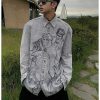 Clothing The Korean Fashion | Graphic Printed Washed Denim Shirt Gray