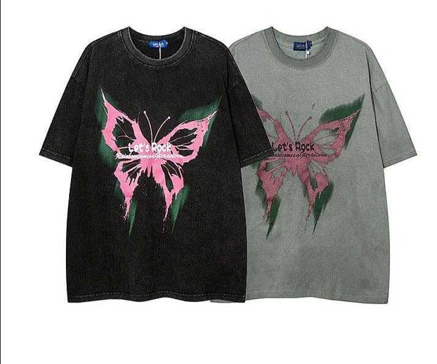 Clothing The Korean Fashion | Washed Butterfly Print T-Shirt