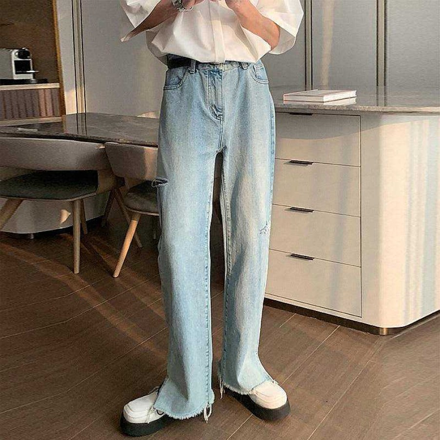 Clothing The Korean Fashion Jeans | Light Side Slit Jeans Blue