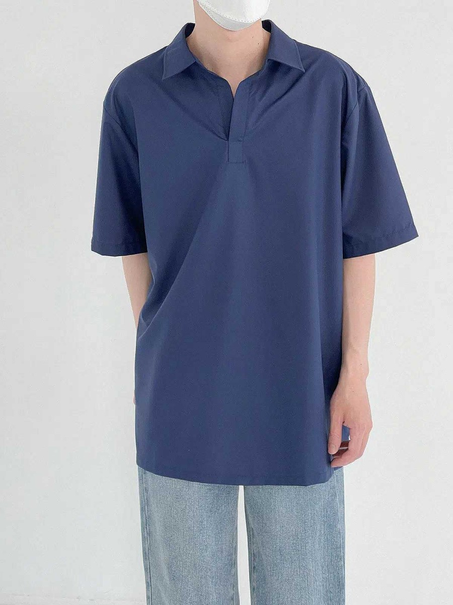 Clothing The Korean Fashion | Casual Polo Lapel T-Shirt Dark Blue