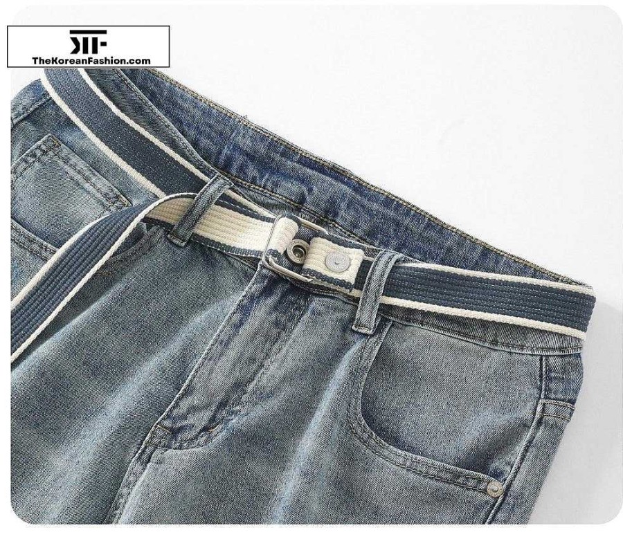 Clothing The Korean Fashion Shorts | Scratched Denim Belted Shorts Blue