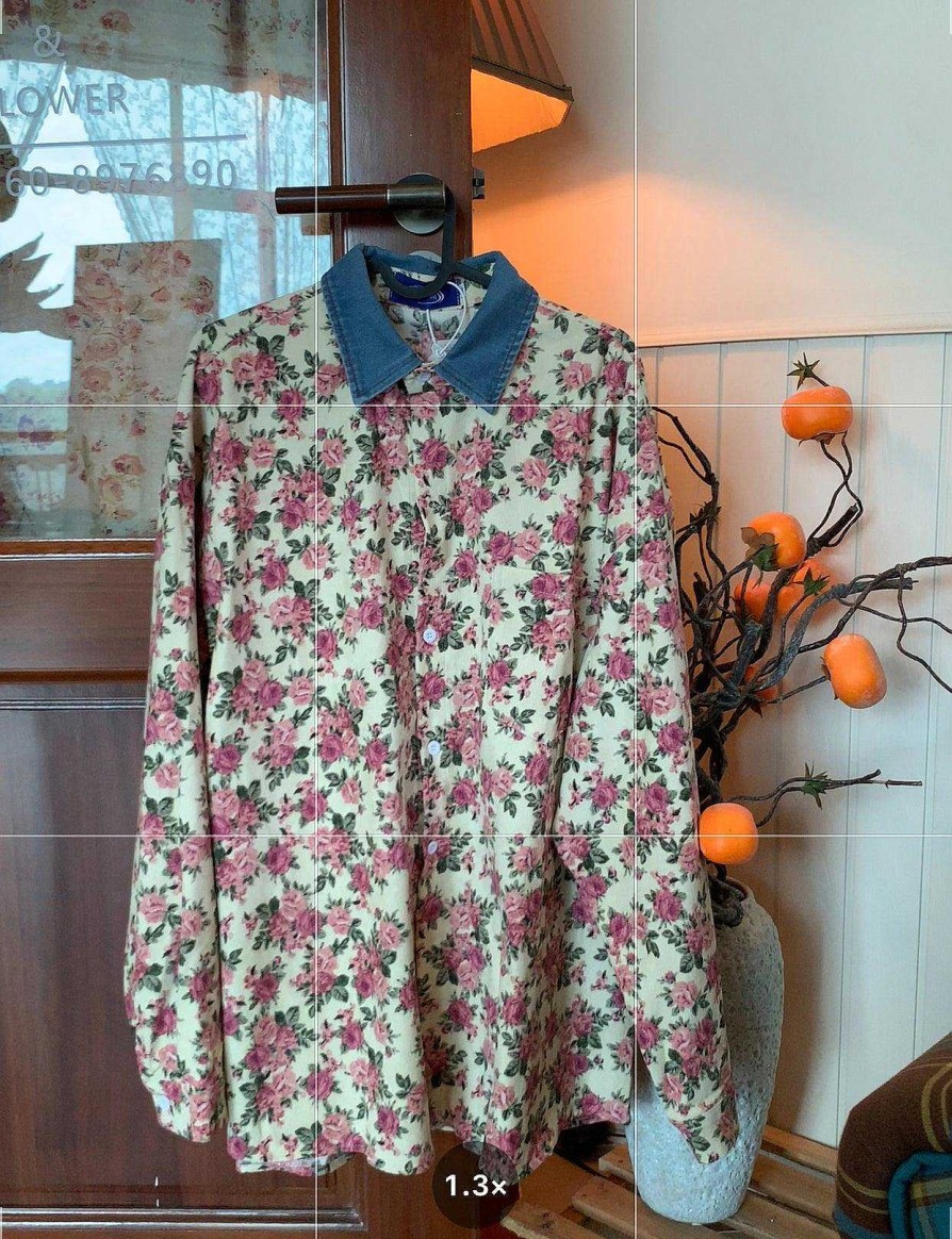 Clothing The Korean Fashion | Denim Neck Corduroy Floral Vintage Shirt Pink