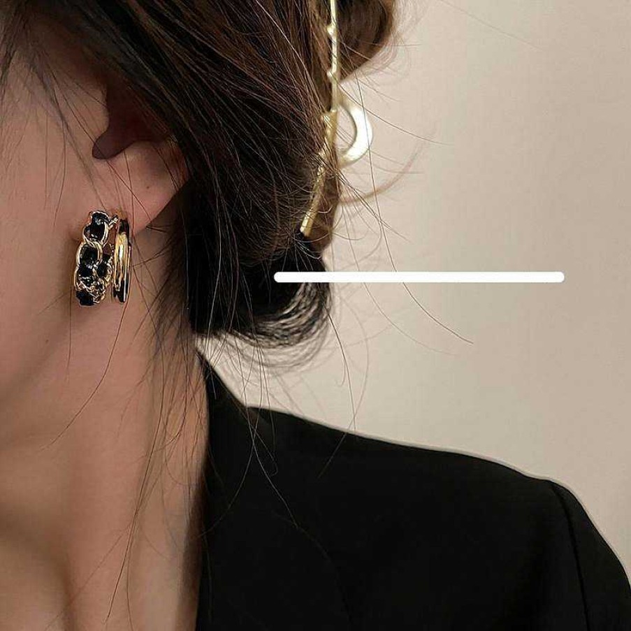 Women The Korean Fashion Earrings | Black C-Shaped Earrings Gold