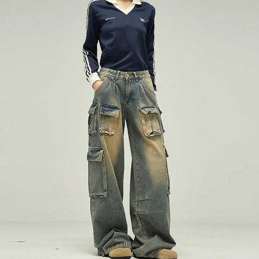 Clothing The Korean Fashion Jeans | Baggy Multi-Pocket Workwear Cargo Jeans