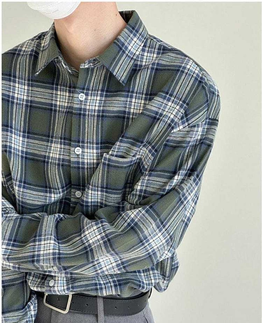 Clothing The Korean Fashion | Casual Basic Plaid Long-Sleeved Shirt Green