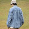 Clothing The Korean Fashion | Striped Denim Long Sleeve Shirt Blue