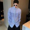 Clothing The Korean Fashion | Fringed Button-Down Striped Shirt Blue (Removable Shoulder Pads)