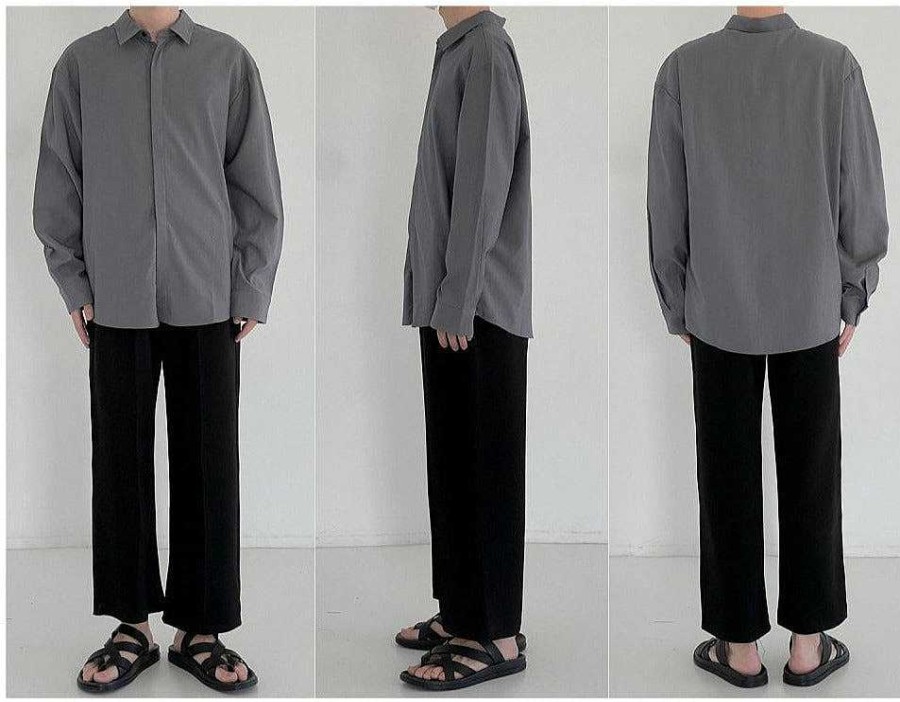 Clothing The Korean Fashion | Basic Casual Long-Sleeved Shirt Grey Blue