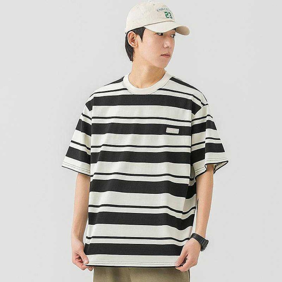 Clothing The Korean Fashion | Cotton Crew Neck Striped T-Shirt