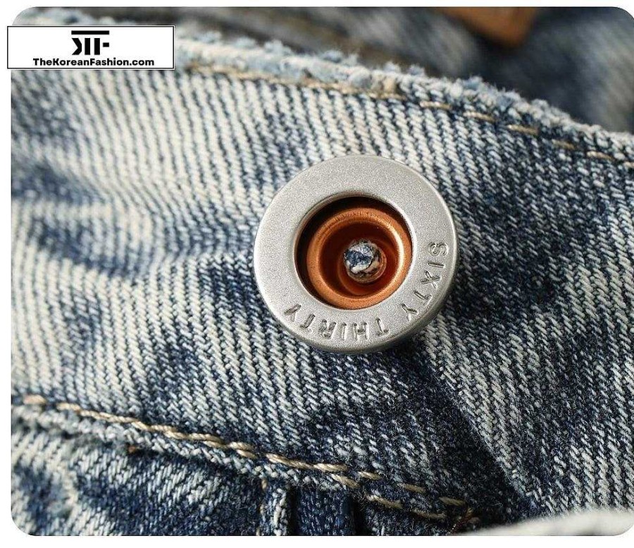 Clothing The Korean Fashion Jeans | Retro Ripped Jeans With Belt Blue