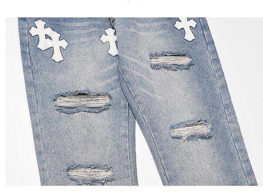 Clothing The Korean Fashion Jeans | Cross Patch Ripped Jeans Light Blue