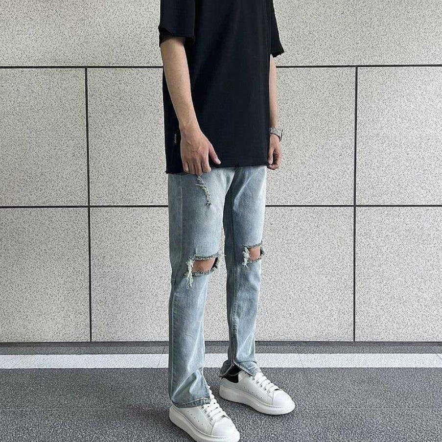 Clothing The Korean Fashion Slim Fit | Side Slit Zipper Elastic Ripped Jeans Blue