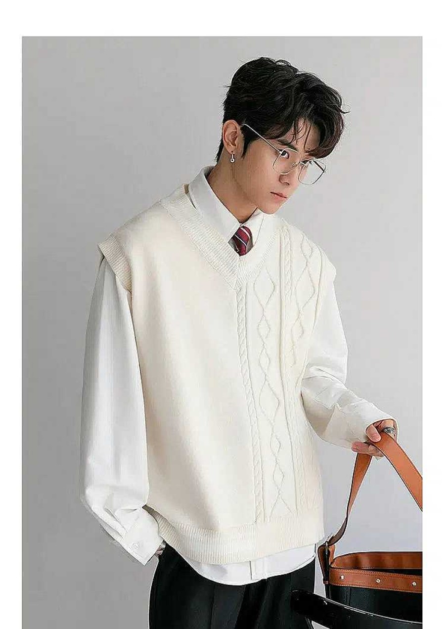 Clothing The Korean Fashion | White V-Neck Knit Vest Apricot