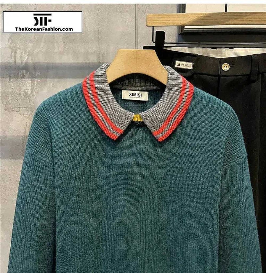 Casual Style Clothes The Korean Fashion | Contrasting Color Lapel Pullover Sweater