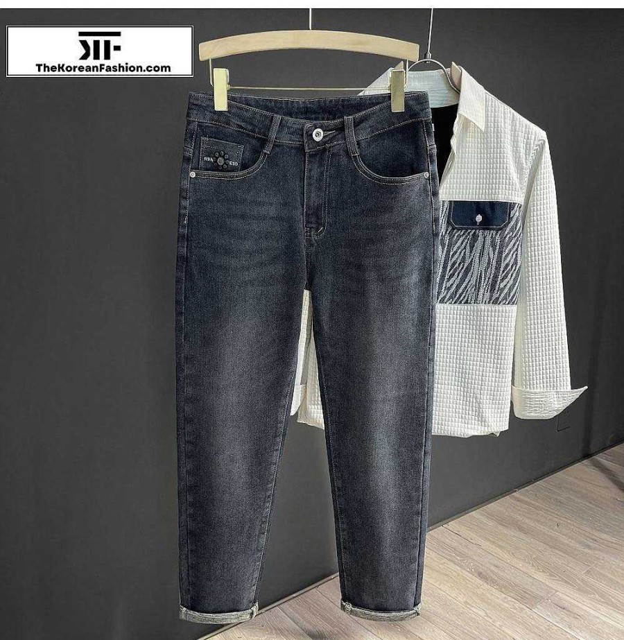 Casual Style Clothes The Korean Fashion | Washed Embroidered Jeans Blue