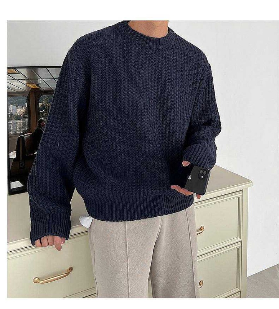 Clothing The Korean Fashion | Knitted Round Neck Sweater Navy Blue