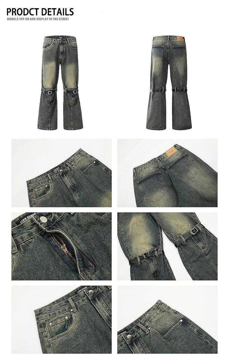 Clothing The Korean Fashion Jeans | Knee Belt Flared Jeans Blue