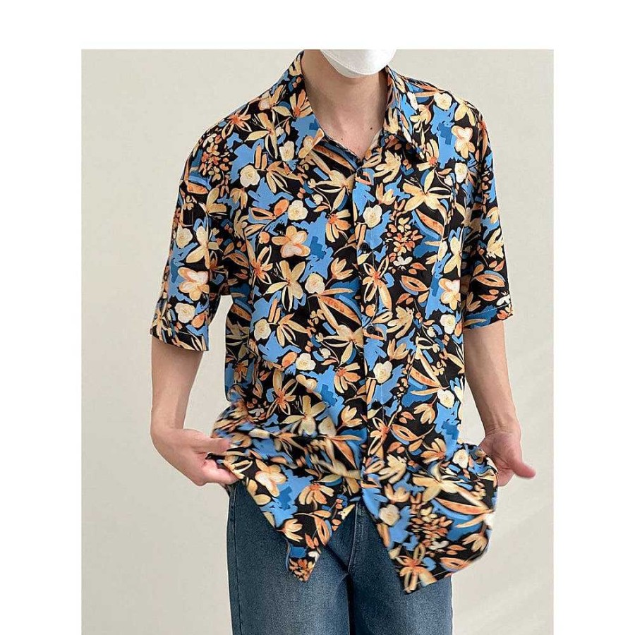 Clothing The Korean Fashion | Floral Casual Hawaiian T-Shirt Blue Yellow Flower